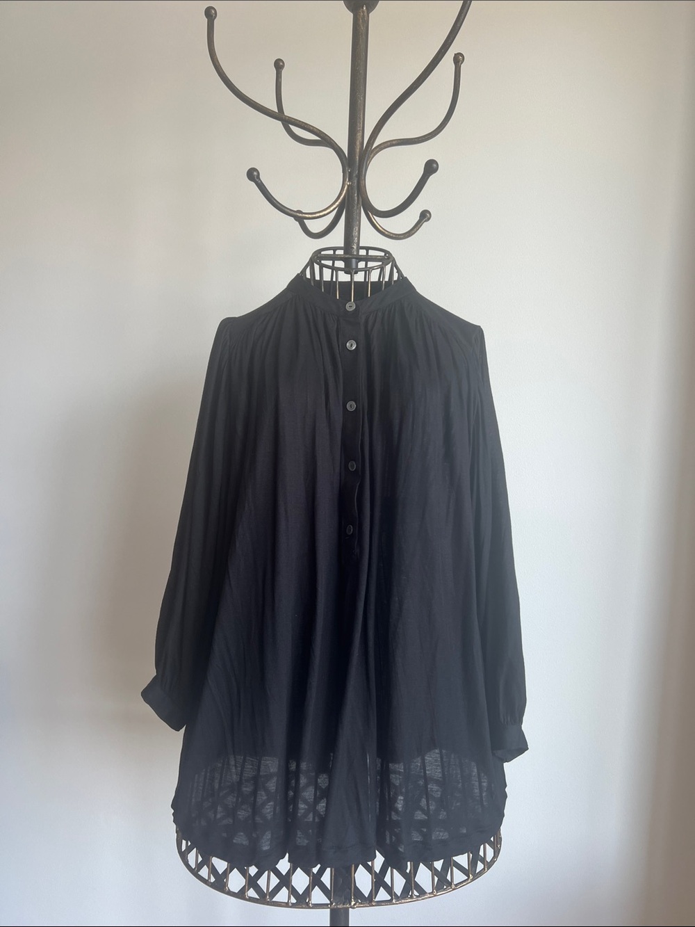 J. Crew Black Button-Front Peasant Tunic with Gathered Yoke